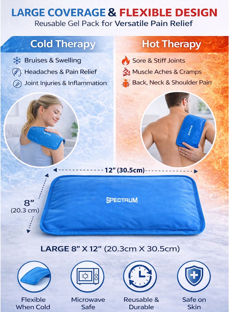 Spectrum Hot & Cold Pack Multi Purpose Large Compress 8 x 12 Inches Reusable Dual Therapy Gel Pack with Ultra Flexible Gel for Pain Relief, Swelling Reduction, Bruises, Inflammation, Muscle Aches, Muscle Cramps, Muscle Tension, Sore Muscles, Sore & Stiff Joints, Arthritis, Sprain & Strain, Sports Injury, Physiotherapy, Post-Workout Recovery, Pre/Post Workout Use, Post Surgery, Back, Neck, Shoulder, Knee, Hip, Thigh, Arm, Headache, Toothache Relief, Migraine, Sinus Discomfort, Fever Cooling Compress, Ice Pack & Heat Pack, Flexible Body Contouring Pad for Men Women Adults Kids - Image 4